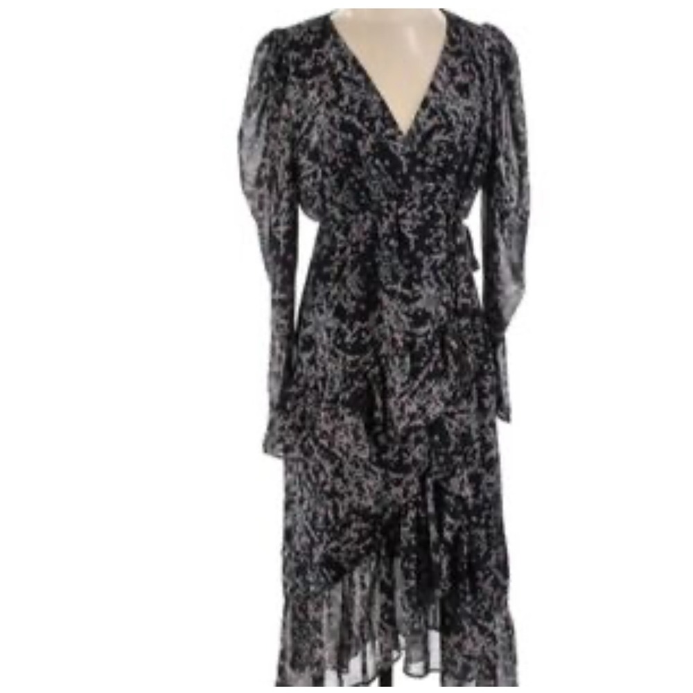 Lea & Viola Black Floral Print Midi Wrap Dress‎ Puff Sleeve Ruffle